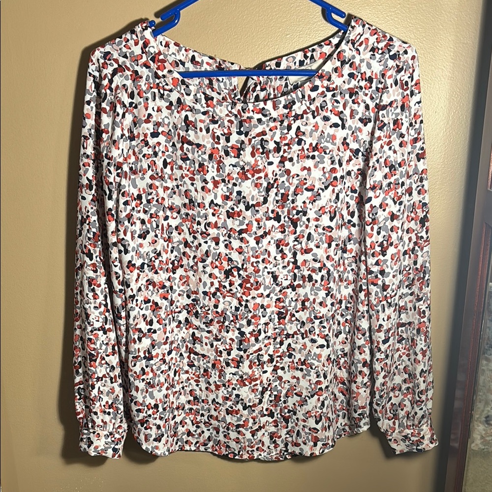 LOFT White and Cream Long Sleeve Relaxed Blouse with Blue Trim